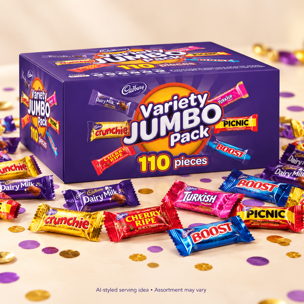 AI-styled serving idea: Cadbury 110-piece Jumbo chocolate box with wrapped treats on a party table; assortment may vary.
