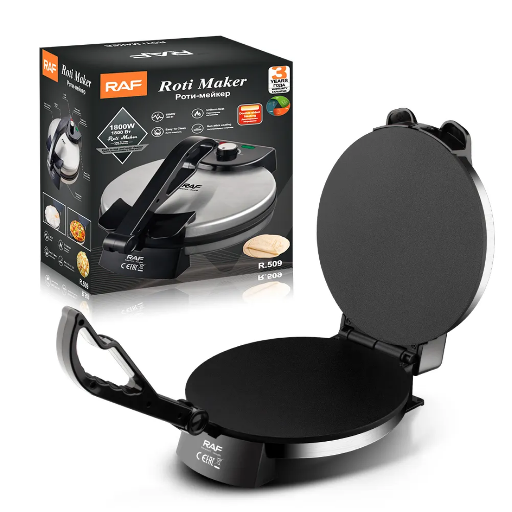 RAF R.509 1800W roti and chapati maker shown open with round non-stick plates and retail box