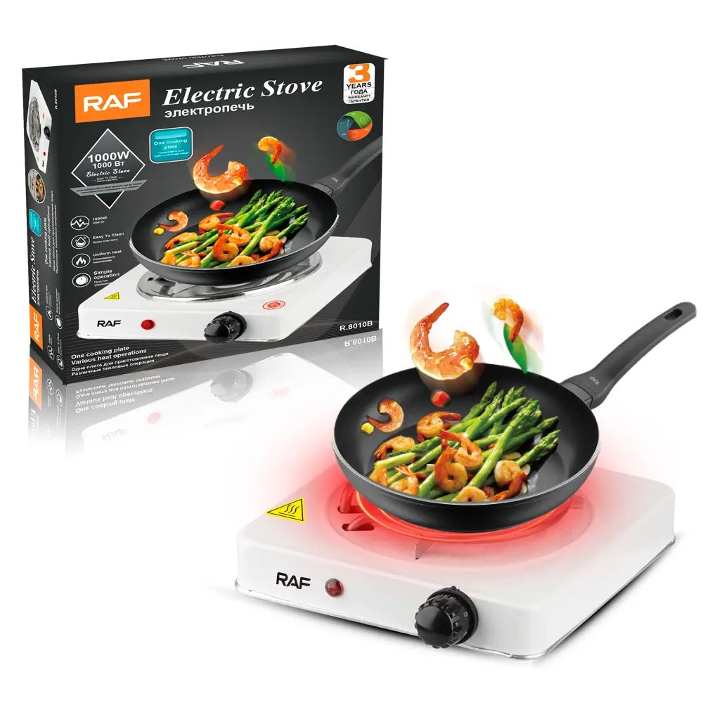 RAF R.8010B electric hot plate with a frying pan and retail packaging