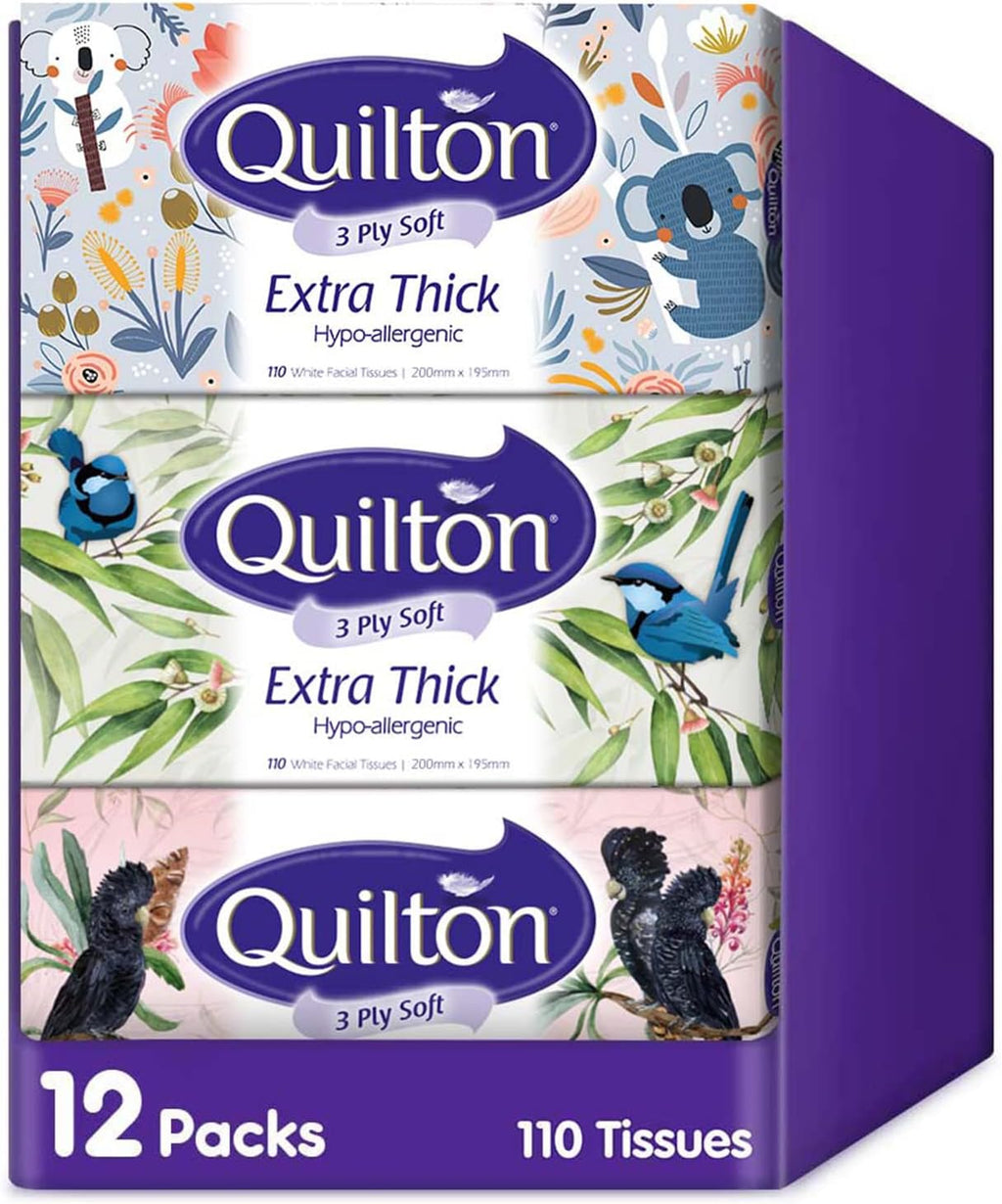 Quilton 3 Ply Extra Thick Hypo-Allergenic Facial Tissues, 12 boxes x 110 sheets, 1320 tissues total