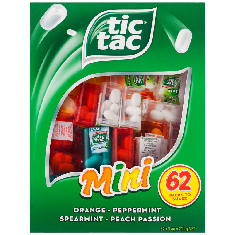 Tic Tac Mini 62 individual mini packs 211g assorted Orange Peppermint Spearmint Peach Passion